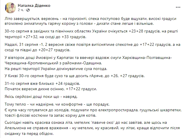 Прогноз погоды в Украине 29 августа