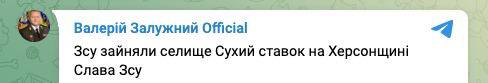 По телеграмм-каналам распространяется информация со ссылкой якобы на страницу главкома ВСУ Валерия Залужного в телеграмм о том, что украинская армия взяла населённый пункт Сухой Ставок