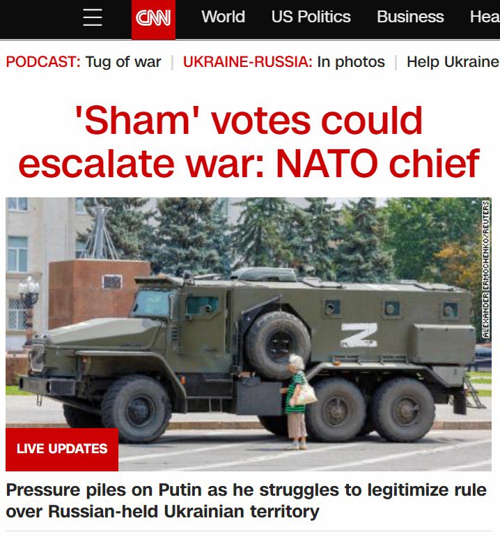 Генсек НАТО Йенс Столтенберг считает, что после референдумов на подконтрольных территориях Москва будет утверждать, что российскую территорию атакуют с помощью оружия Альянса