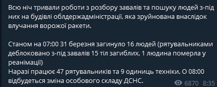 Николаев - в ГСЧС продолжают разбирать завалы после обстрела ОГА