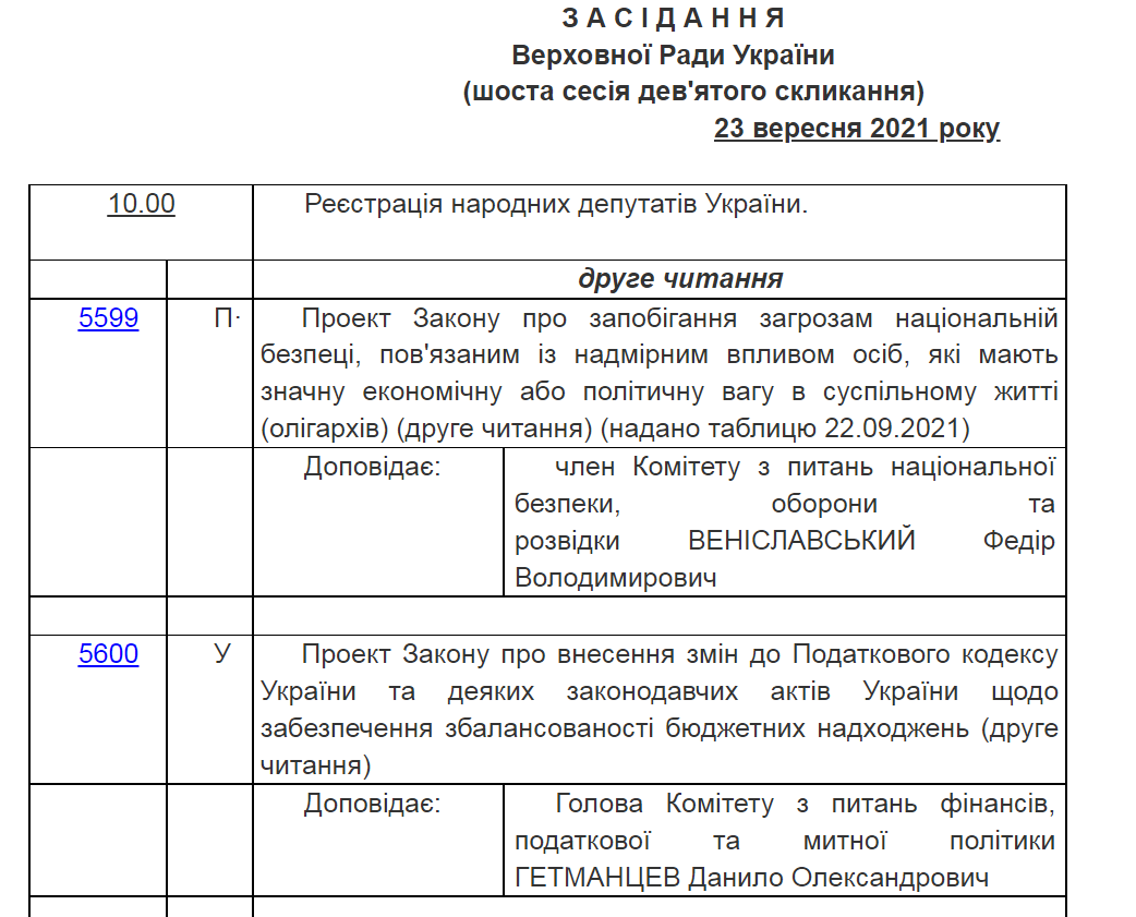 Повестка Рады на 23 сентября 2021