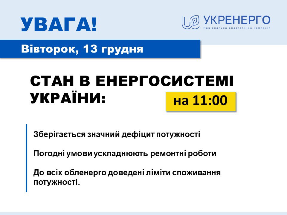 Укрэнерго рассказало о ситуации с отключением света 13 декабря