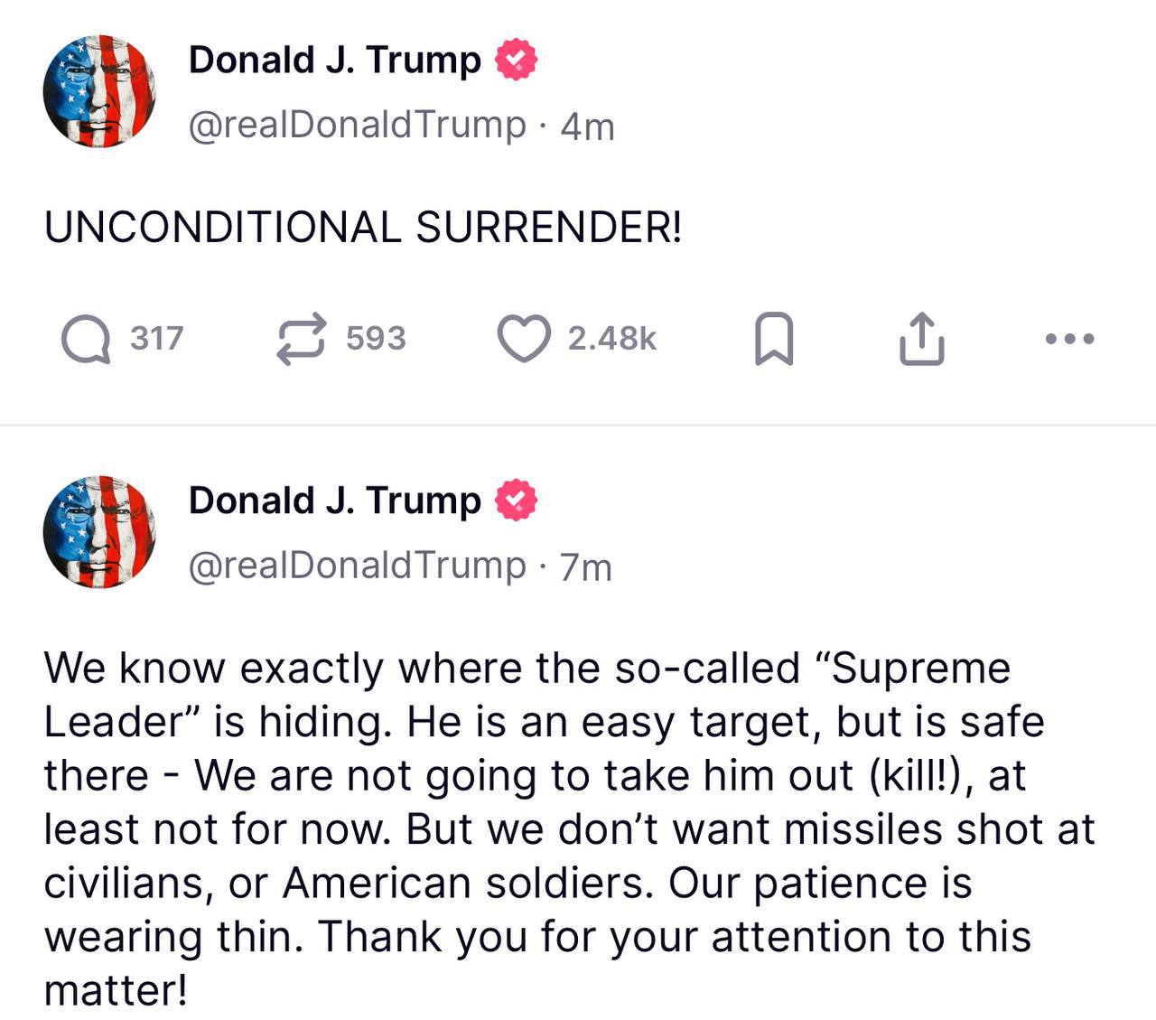 Трамп требует безоговорочной капитуляции Ирана