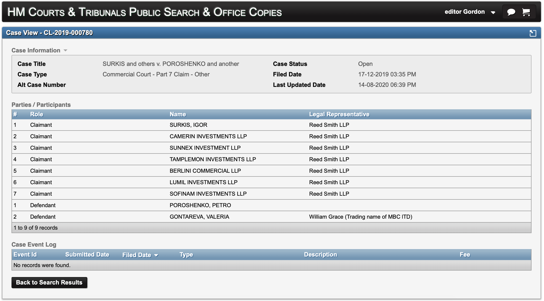 Дело Суркиса против Порошенко доступно на сайте британского правосудия. Скриншот: efile.cefile-app.com