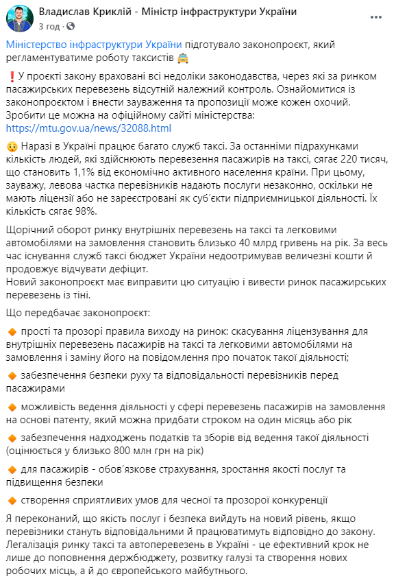 Кабмин хочет заставить таксистов оформлять патенты на перевозку пассажиров. Скриншот: Криклий в Фейсбук