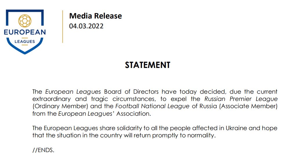Россииз ассоциации профессиональных футбольных лигя исключена