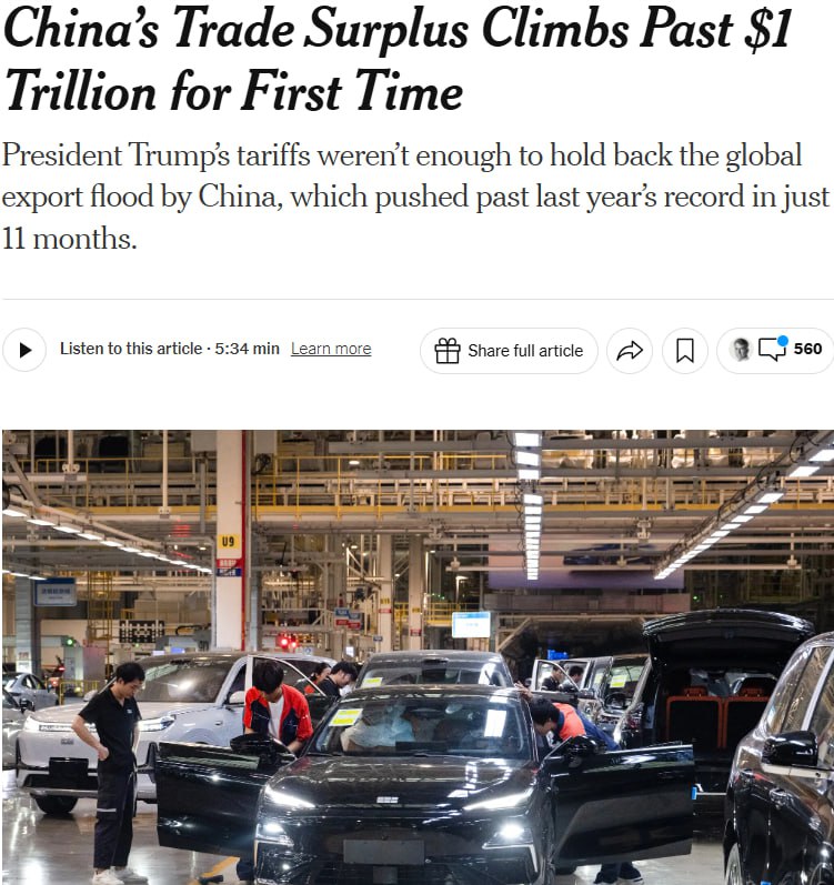 Снимок заголовка на nytimes.com - Китай побил рекорд в мировой торговле