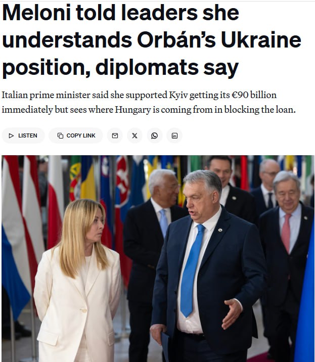 Снимок заголовка на politico.com – Премьер Италии поддержала Венгрию в позиции относительно Украины