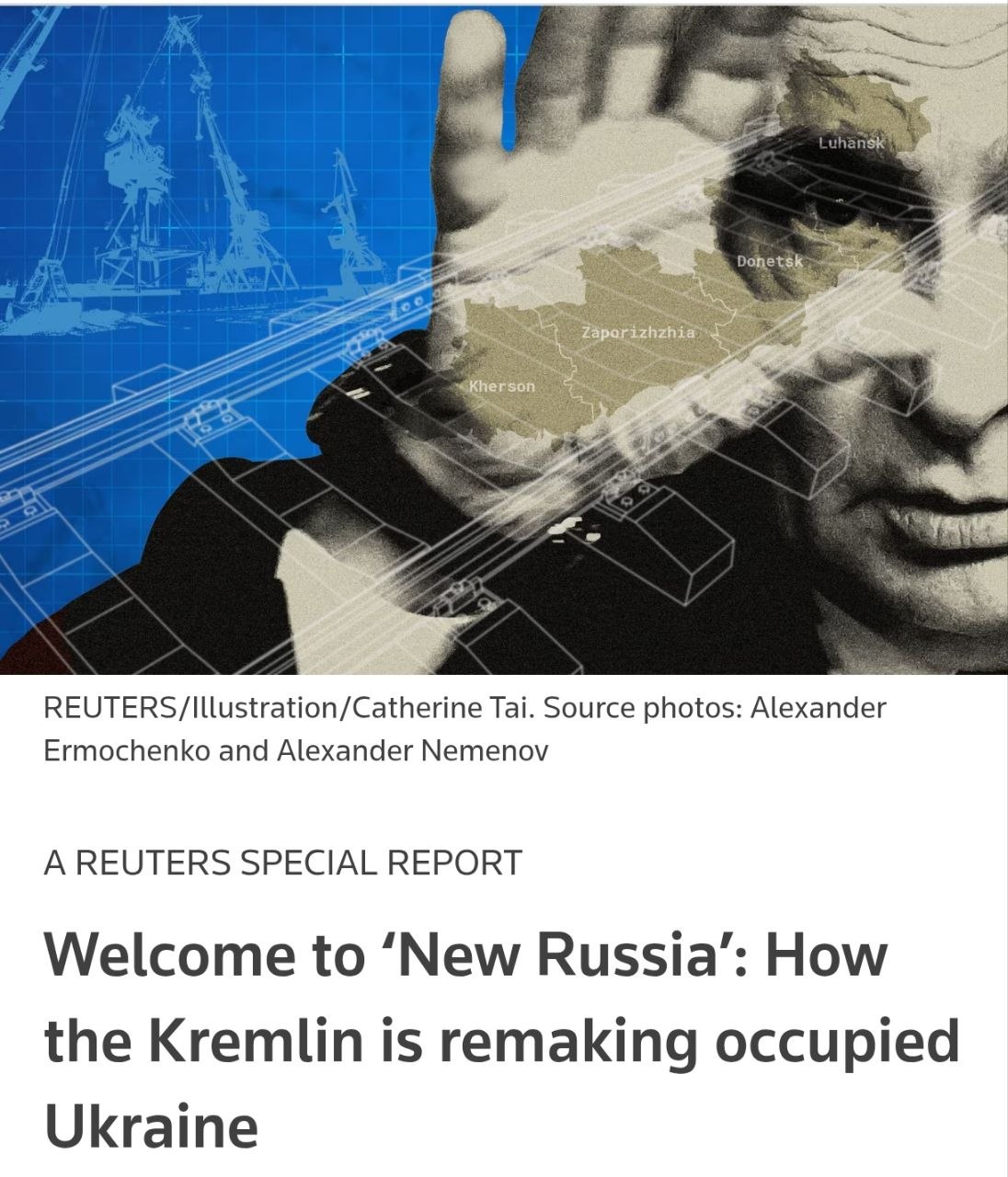 Знімок заголовка на reuters.com &ndash; Росія веде масштабні роботи на окупованих територіях України