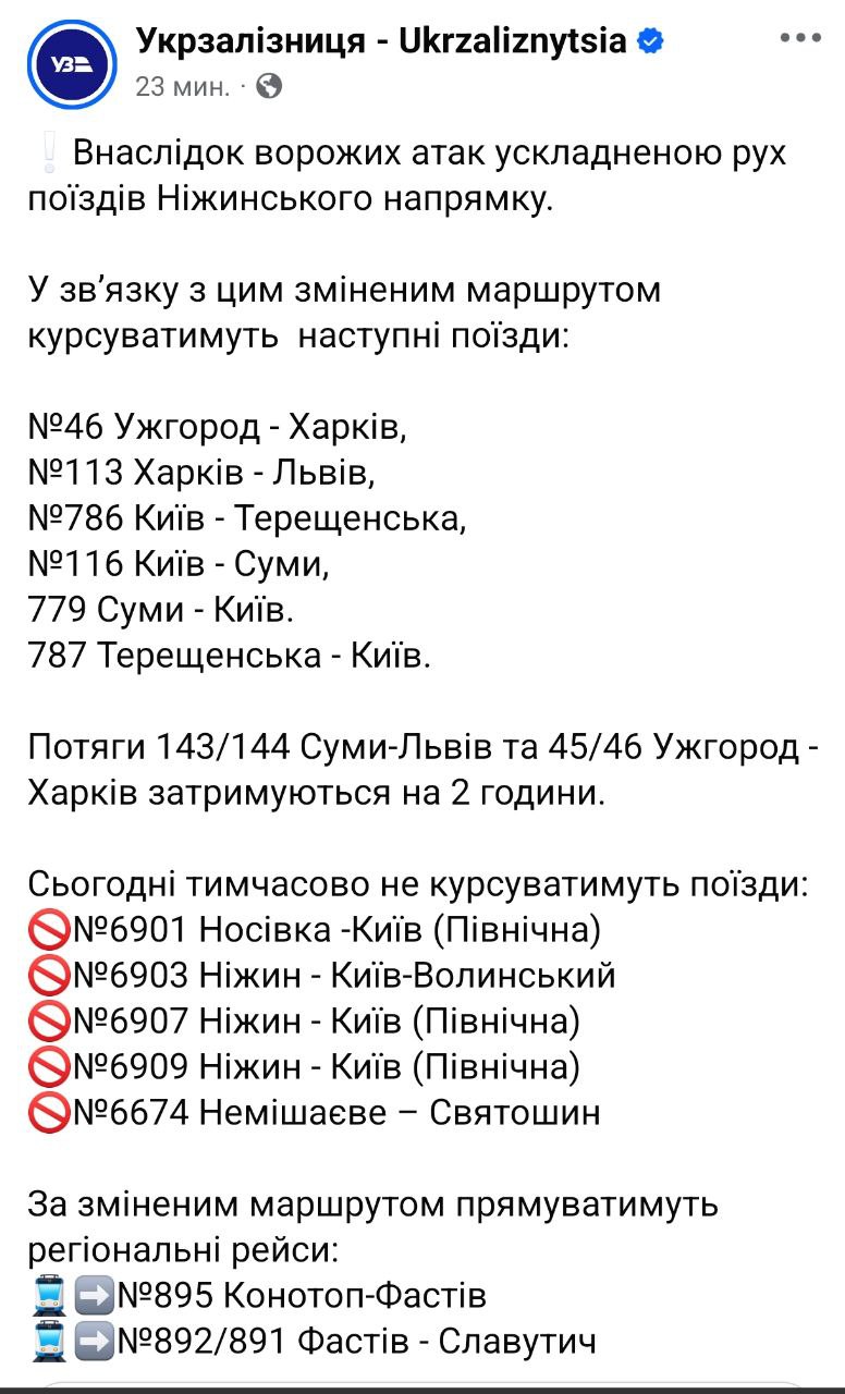 Перечень отменённых поездов Укрзализныци