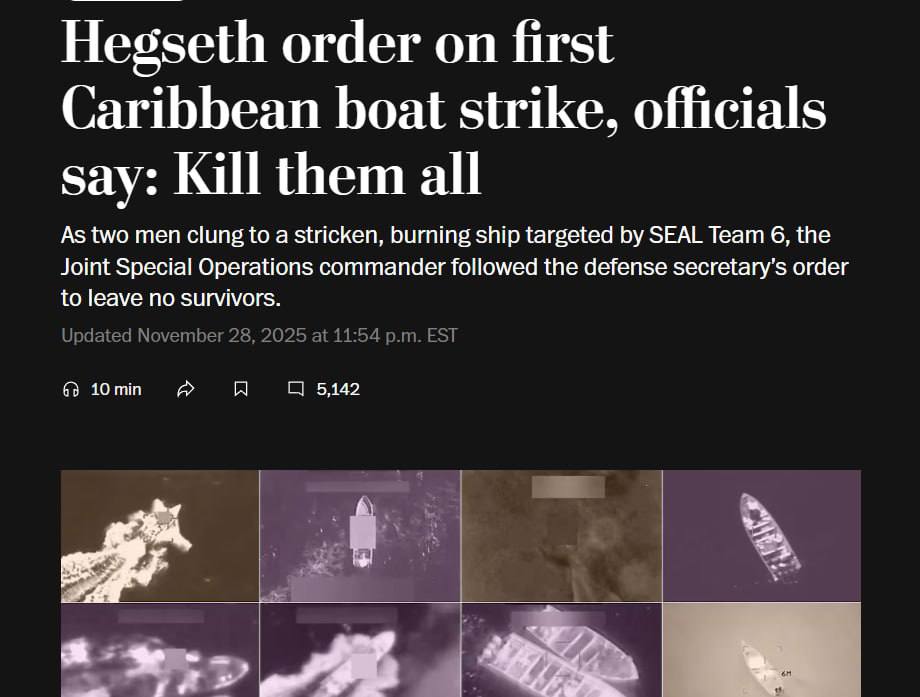 Міністр США Піт Хегсет наказав убити весь екіпаж підозрюваного в наркоторгівлі човна.