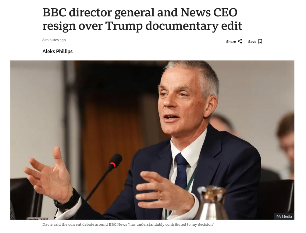 Знімок заголовка на bbc.com – гендиректор медіакорпорації Тім Деві звільняється після скандалу з Трампом