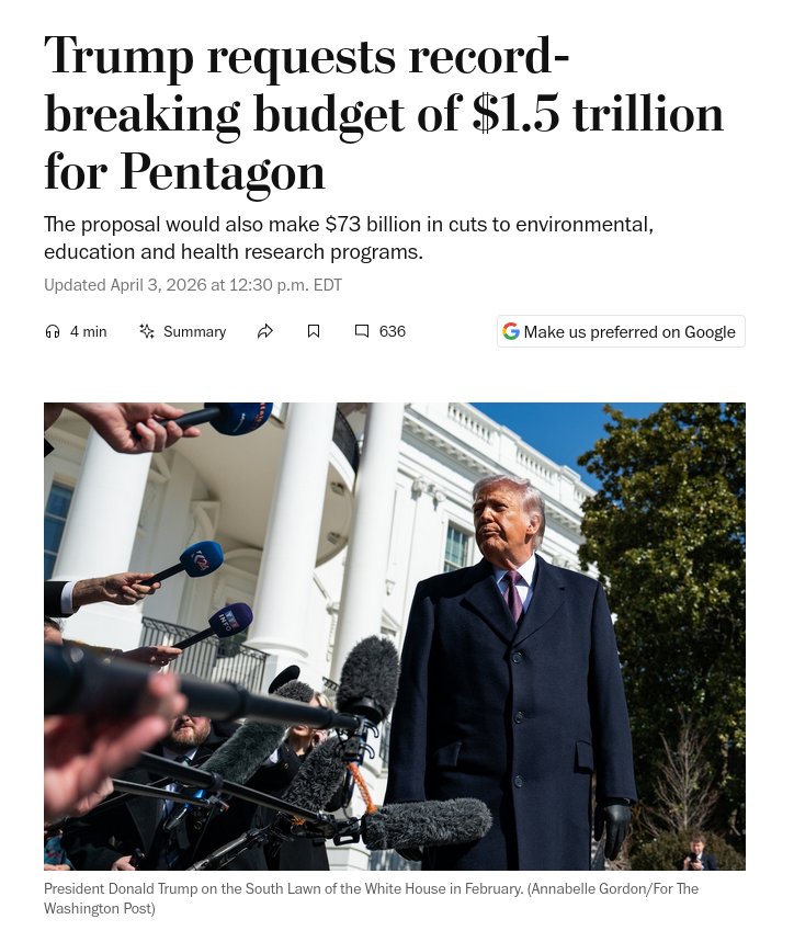 Снимок заголовка на washingtonpost.com &ndash; Трамп запросил рекордный военный бюджет для США