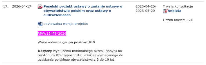 Снимок номера законопроекта на sejm.gov.pl – Польша ужесточает наказания иностранцев за нарушения