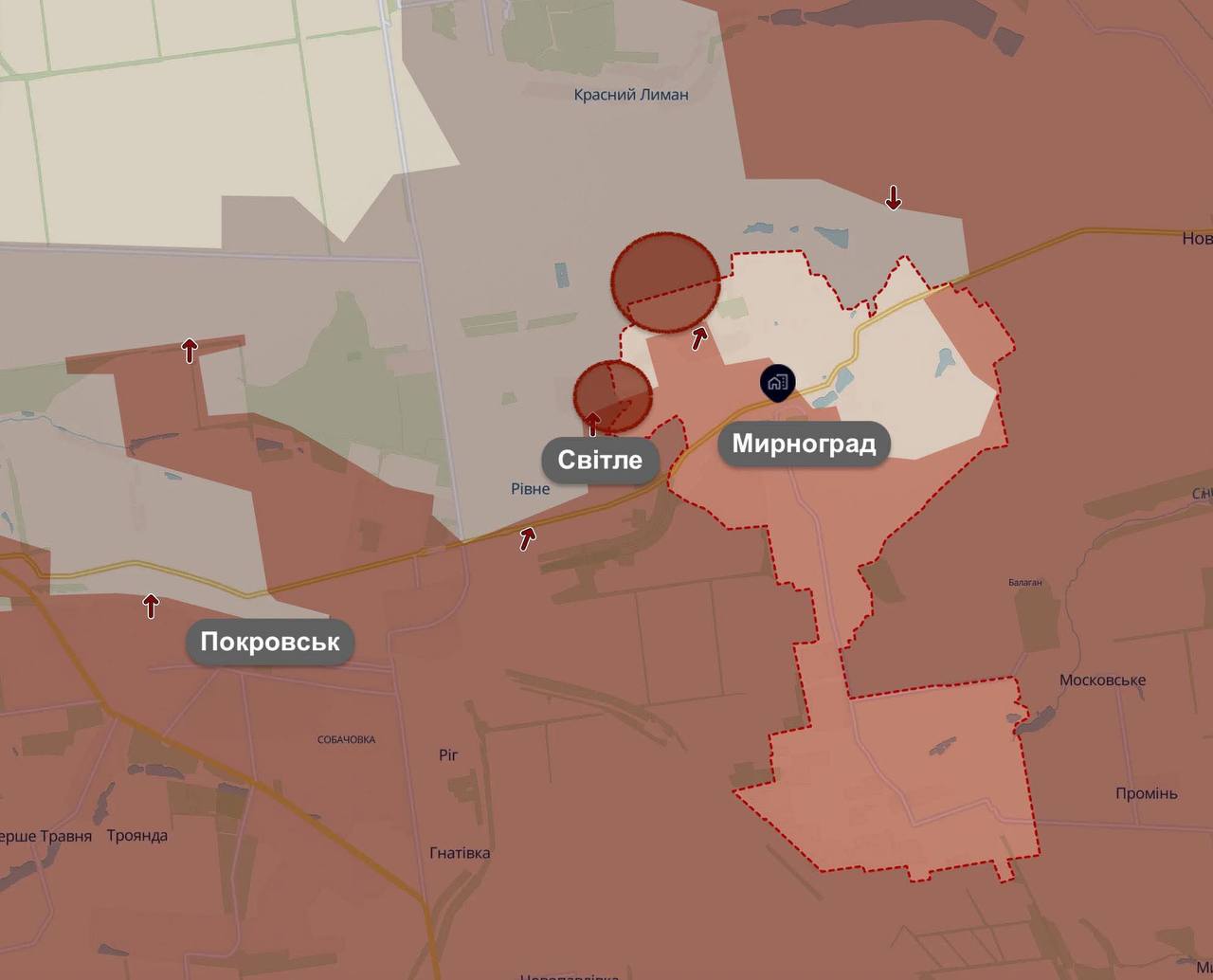 Мирноград. Карта боевых действий. Источник - Телеграм